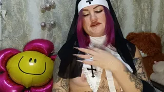 nun blowing foil balloon