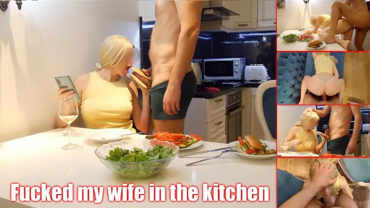 The wife bit her husband's dick and he fucked her hard in the kitchen