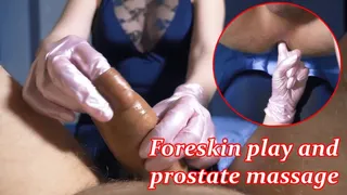 Playing with the foreskin and simultaneous prostate massage with pink gloves
