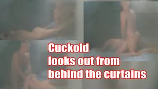 Cuckold hubby watches from behind the curtain as a bull fucks his wife