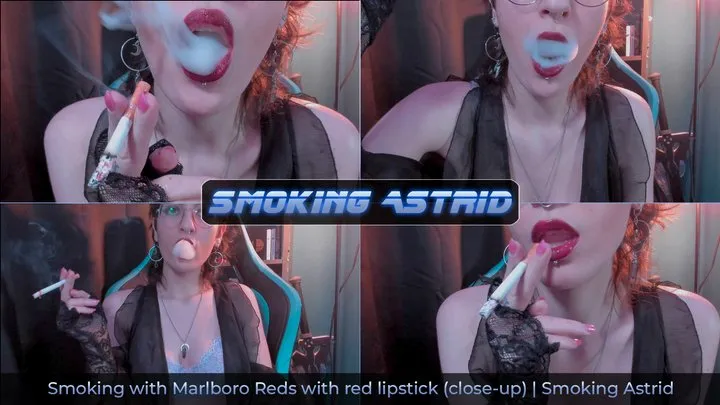 Sucking Marlboro Reds with red lipstick (close-up) | Smoking Astrid