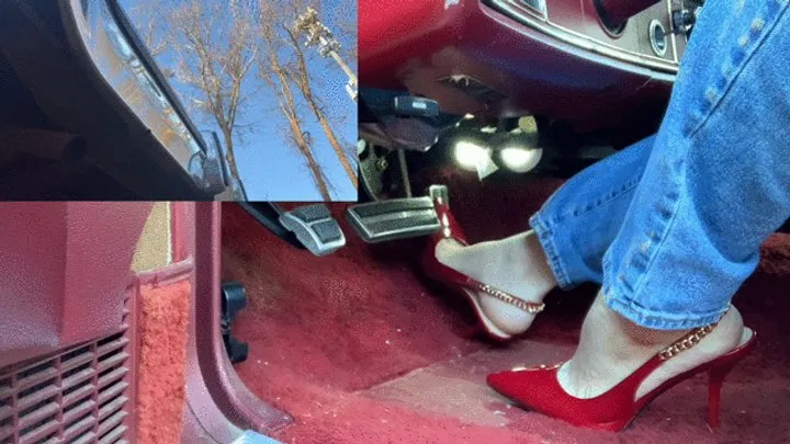 Cranking and revving the tbird in red high heels with no pantyhose