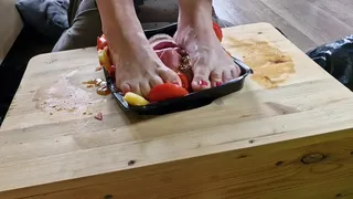 Crushing food on the slave's face (tomato, pineapple, pie)