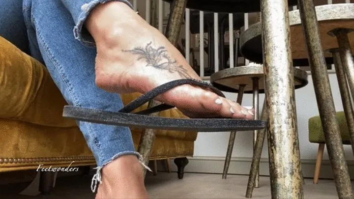 FeetWondersPublic in coffee shop flip flop tease