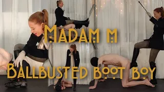 Ballbusted Boot Boy, extreme humiliation, ballbusting, boot licking, cropping and punishment