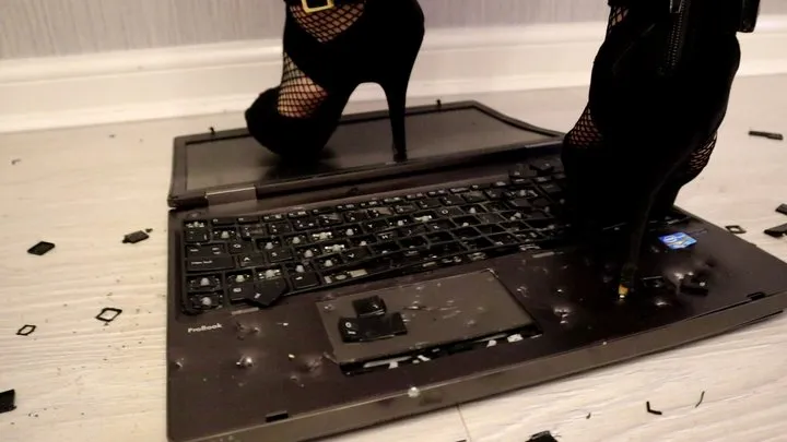 Hard laptop crush in fishnet stockings and black strappy high heel stilettos