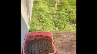 Fifi loses her red patent peep toe heels in a container of sticky deep mud