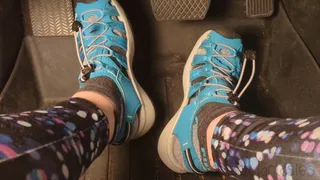Fifi pedal pumping in Keen hiking sandals with Puma socks and leggings