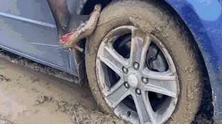 HOT PREMIERE: Jeannette gets stuck in the mud behind the wheel of her carSD