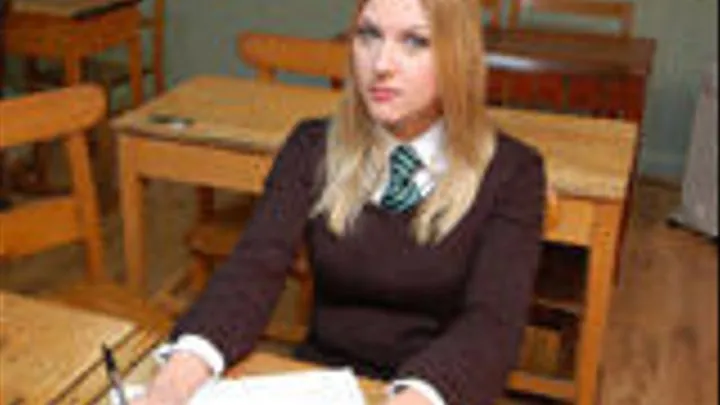 Stunning Belinda Lawson is over Mr Grey's knee for a spanking in School Detention