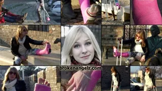 Beatrice Term LLWC Cobblestone Stair Struggle on Crutches with / without Cast Sock & Foot Play