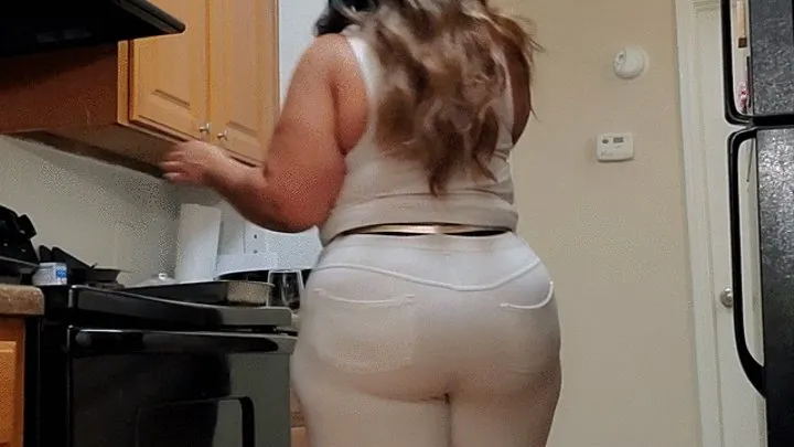 Miss Strongbutt works, walks and poses in the kitchen wearing skintight white jeans and highheels #2