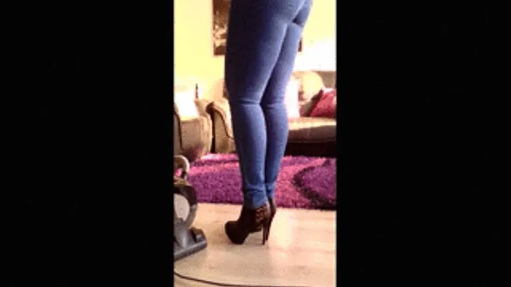 Blond Hair, skintight blue jeans, home cleaning work on high heels 3