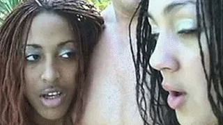 Ethnic babes tagteam two cocks while fucking different partners in poolside orgy - part 1