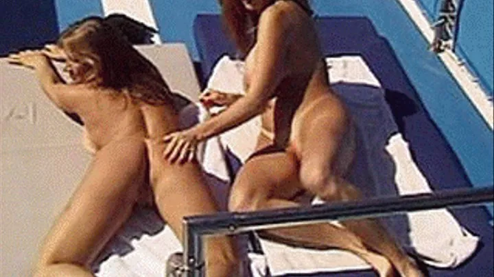 Hotties tanning before a ripped man stumbles upon and starts fucking them - high