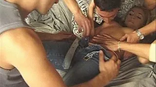 Roomful of guys ganging up on one little slut, fighting to fuck her - part 1