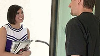 Cheerleader fundraising door to door and a man with money pounds her pussy for a big donation - low