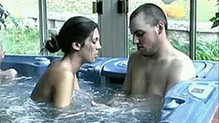 Gorgeous brunette seduced in the hot tub and tag teamed by friends - part 1