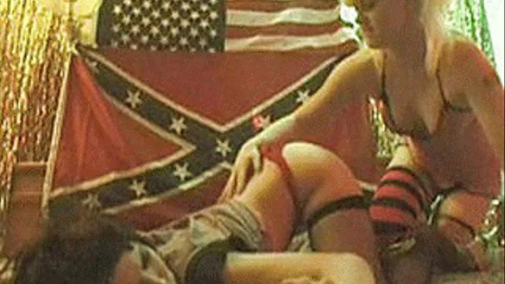 Sleazy room filled with flags and skanks getting fucked in their clothes - low