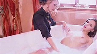 Sponge bathing her young busty lover and dildo fucking her heart shape ass - low