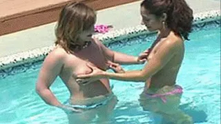 Best friends enjoy a hot day by basking in the pool and eating cunt poolside - part 1