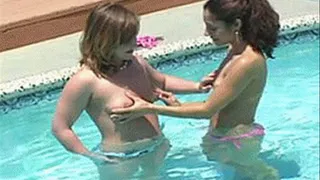 Best friends enjoy a hot day by basking in the pool and eating cunt poolside - part 2