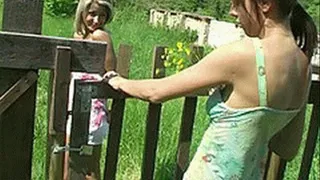 Tight schoolgirl pussies are opened in the back garden to reveal holes begging to be fucked - low