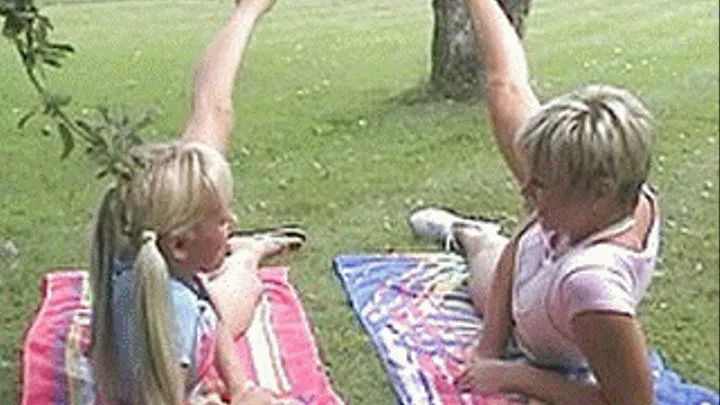 All alone in the park stretching and getting turned on, these girls go at it! - part 2