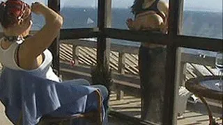 Chubby lesbians are in love, being naughty teasing each other outdoors on the deck - part 1