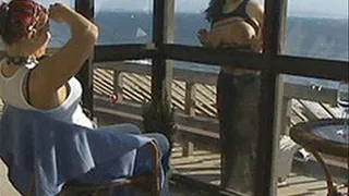 Chubby lesbians are in love, being naughty teasing each other outdoors on the deck - low