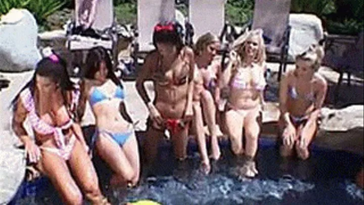 Group of lesbians and their girlfriends having a sexualized pool party with licking and fisting - low