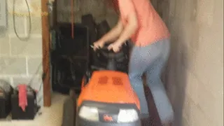 Scarlet Cranking the Riding Mower in Jeans & Cowgirl Boots