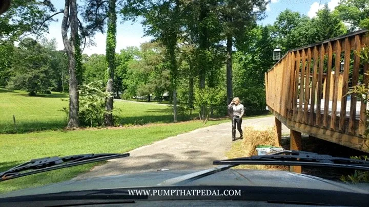 Jewels Cranking the 1970 Volvo in Satin Blouse, Leather Pants & Cowgirl Boots - Custom 1090