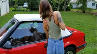 Jane Domino Cranking the 1983 Mustang Convertible in Green Tank Top, Jeans & Brown Boots - Custom 1023