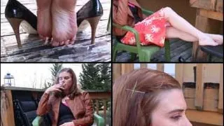 Kristen Smoking with Her Bare Feet Propped Up