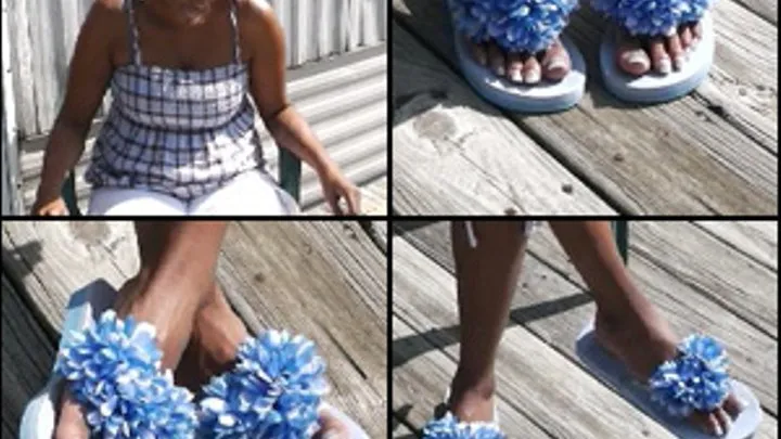 Lady Flawless in Blue Fluffy Flip Flops