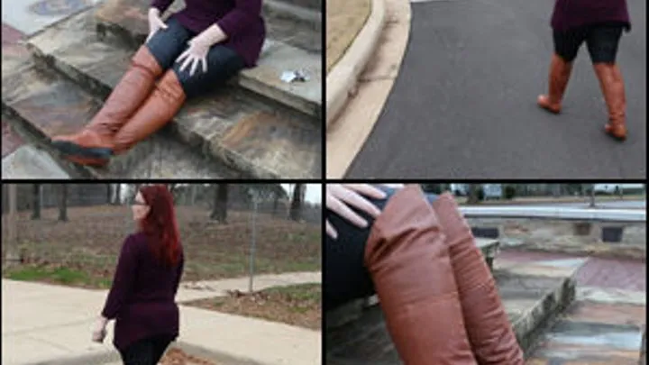 Scarlet in Tan Flat Boots over Leather Leggings