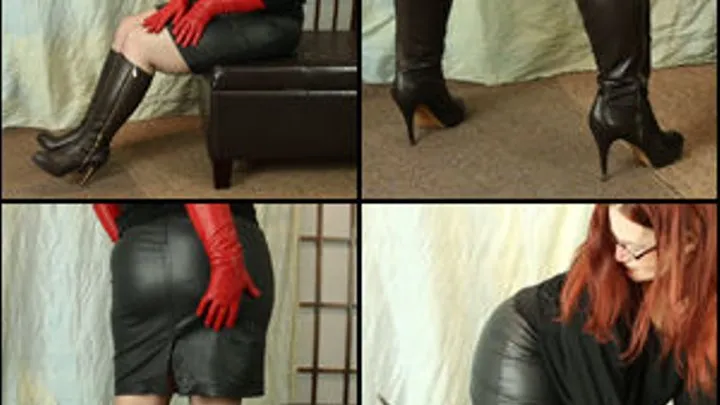 Scarlet in Leather Skirt, Knee Boots, & Red Leather Gloves