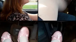 Scarlet Driving in White Tights and Pink Flats