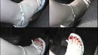 Scarlet Driving in White Strappy Heels & Red Nails