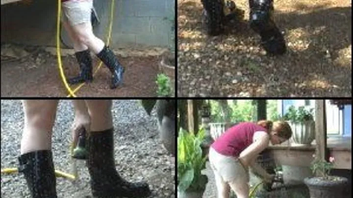 Scarlet Watering her Plants in Rain Boots