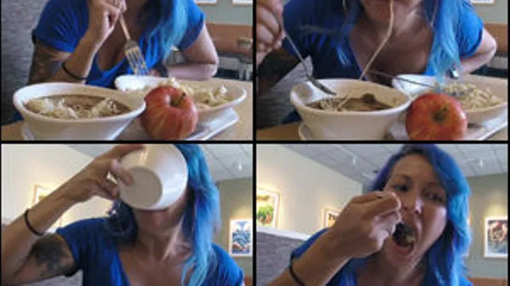 Jane Domino Eating Pasta & Soup at Restaurant