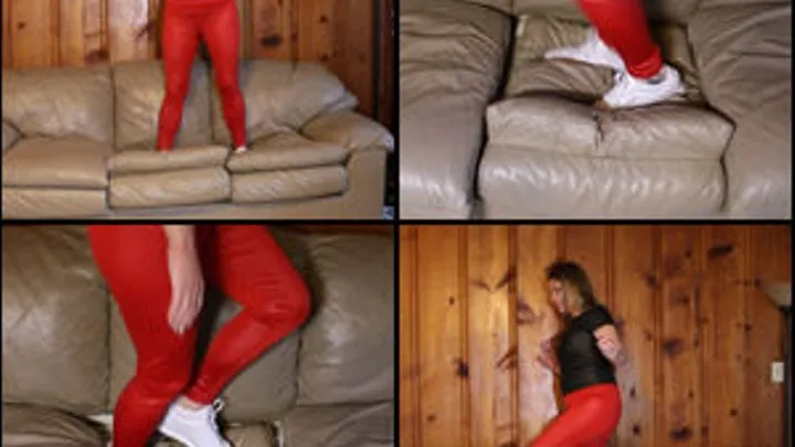 Celeste Walking & Bouncing on Leather Sofa in Leather Outfit