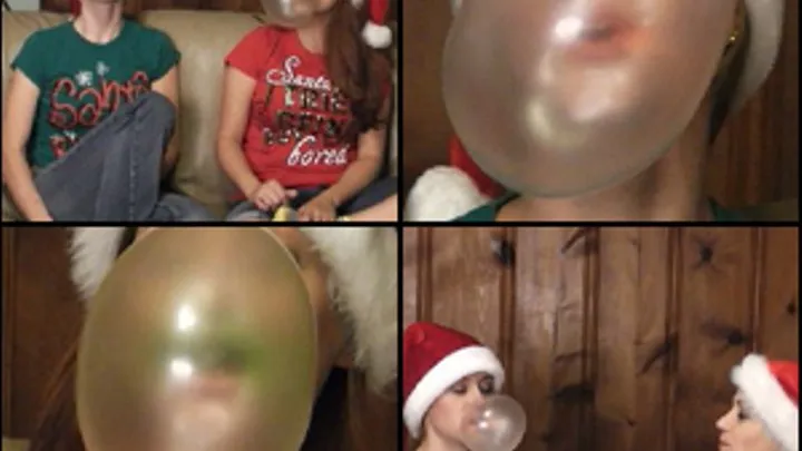 Madalynn & Vivian Blowing Bubbles in Santa Hats