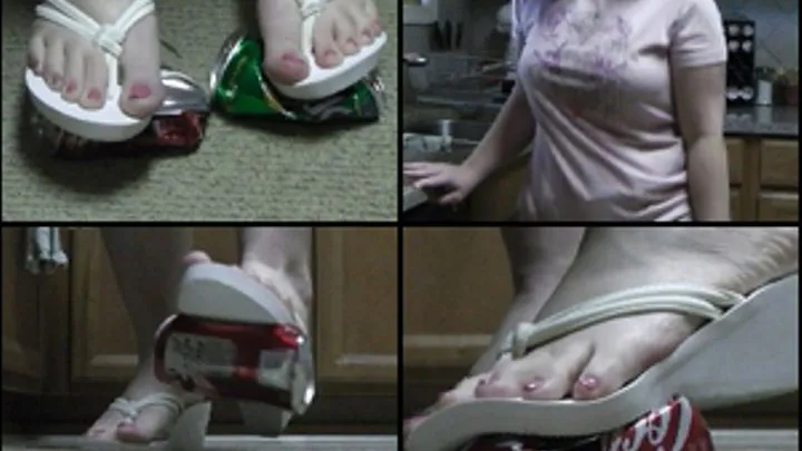 Scarlet Crushing Soda Cans in White Platform Flip Flops