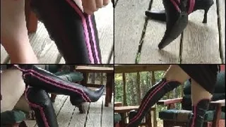 Scarlet in Black Boots with Pink Stripes