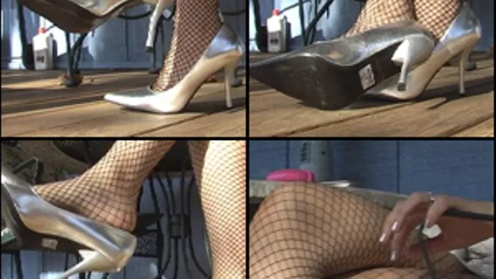 Nikki in Silver Stiletto Pumps & Fishnets