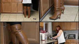 Scarlet Doing Kitchen Chores in Tan OTK Boots