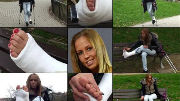 Cassidy SLWC Crutching Through the Park with cast Sock and the Massaging Her Exposed Foot
