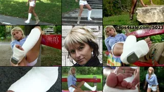 Yvette Term SLWC Gimping in the Park in Short Shorts and Showing Off Her Long Casted Toes